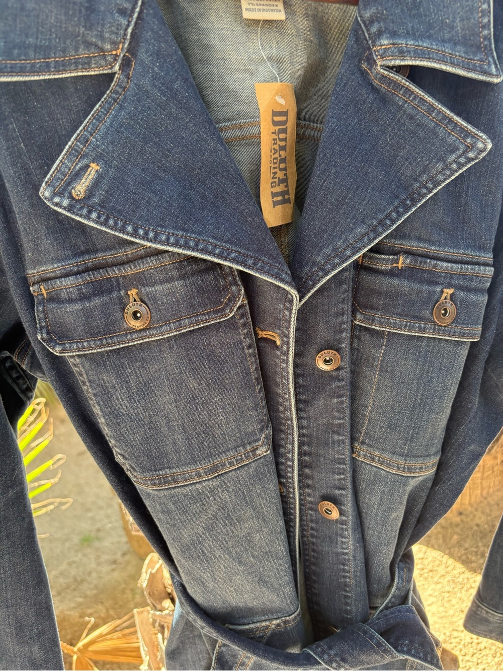 Duluth Trading Co Navy Denim Jacket with Patch Label